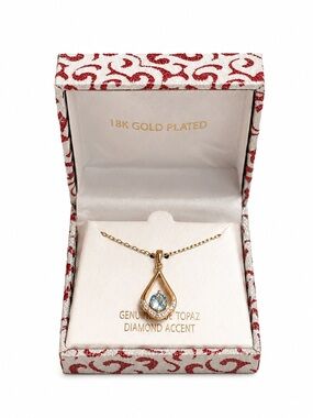 18K Gold Plated Genuine Blue Topaz & Diamond Necklace NWT Gift Box Included